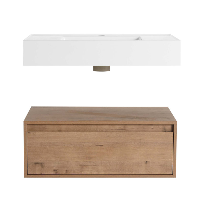 Meuble-lavabo mural de 30 po avec lavabo en résine, tiroir à fermeture en douceur et fixation à flotteur, Brun