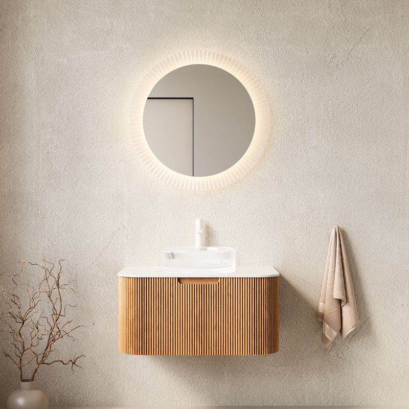 Meuble-lavabo de 30 po avec lavabo artistique en verre transparent rayé, finition 3D grain de bois naturel, armoire pré-assemblée, grand tiroir de rangement, contreplaqué à fermeture douce, moderne avec flottant rond