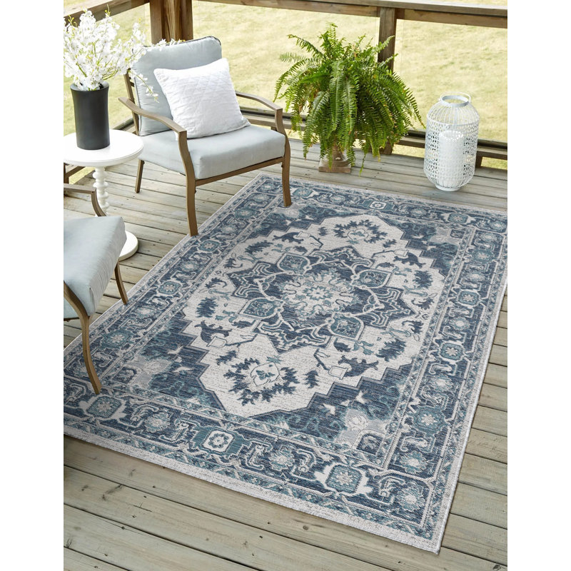 Dahlia Medallion Machine Woven Performance Area Rug - Ivory/Blue - 6'7" x 9', 6'7" x 9'