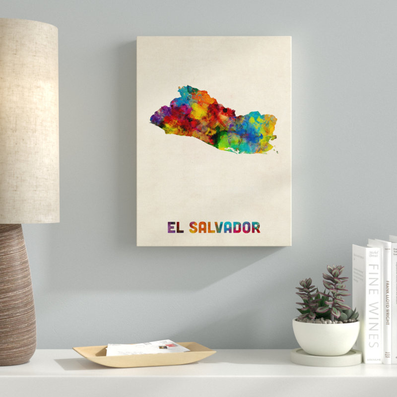 Carte en aquarelle sur toile tendue el salvador, H 19 po x l 14 po x P 2 po