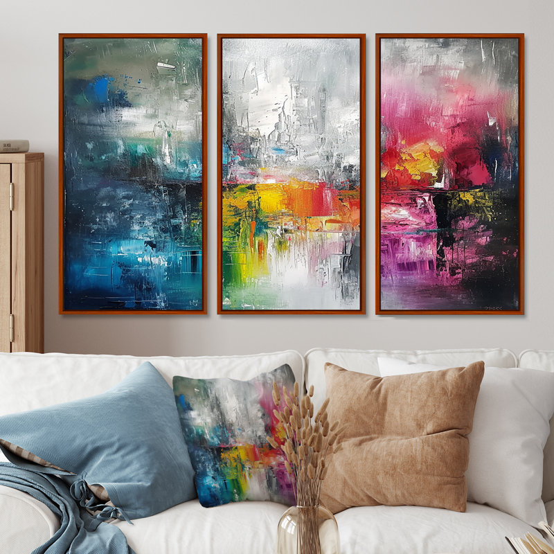Vibrant Arcadia rétro arc-en-ciel - ensemble de décoration murale abstraite, Cadre flottant brun, H 32 po x l 48 po x P 1 po