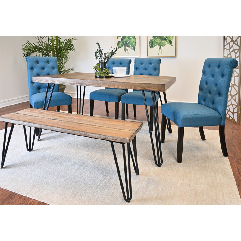 6 tables de salle à manger: table en épingle à cheveux, 4 chaises et banc confortables, assemblage foncé: table en métal avec style