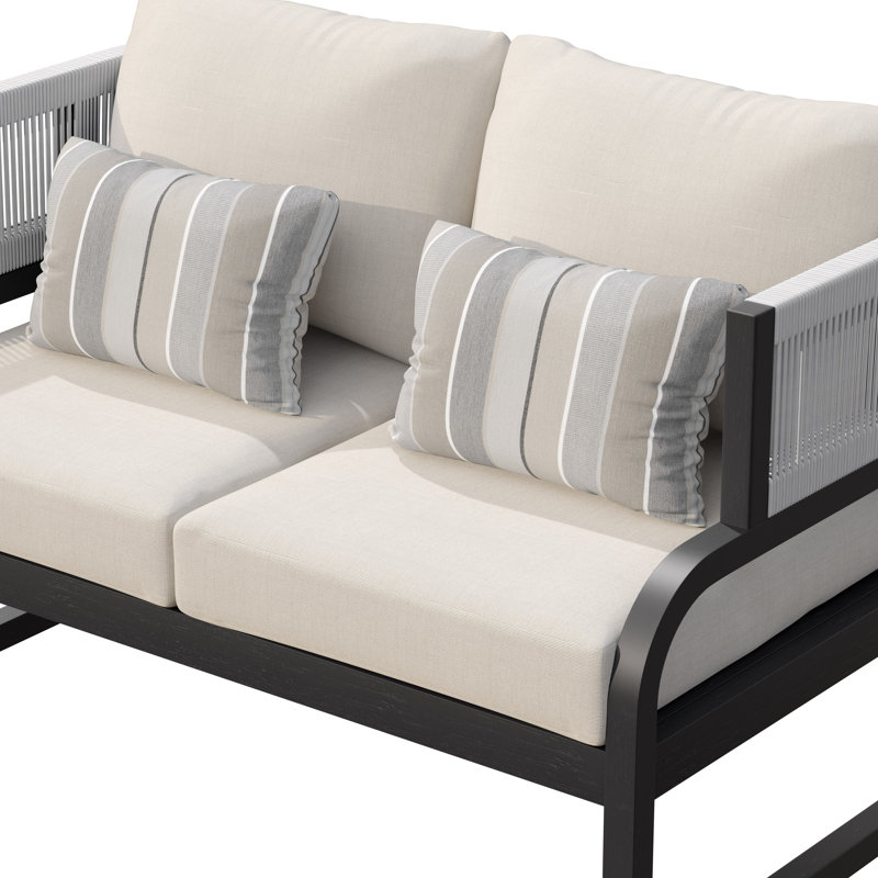 Causeuse d'extérieur en acacia avec coussins, Cadre mat noir / toile lin coussin Sunbrella