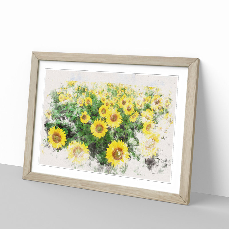 Yellow Sunflower Meadow Watercolour - Picture Frame Graphic Art Print, 45cm H x 63cm W x 2cm D, Oak Framed