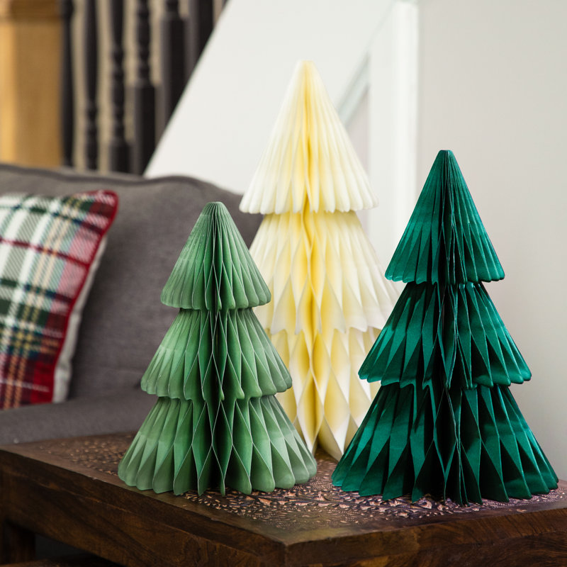 Accordion Honeycomb Foldable Paper Christmas Trees - 15" - Set Of 3, Green/Ivory