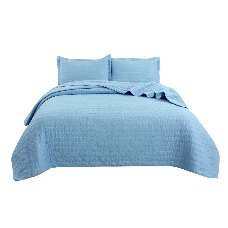 Ensemble de courtepointe 100% coton Squiltset, Courtepointe très grand et 2 très grandes taies, Bleu clair