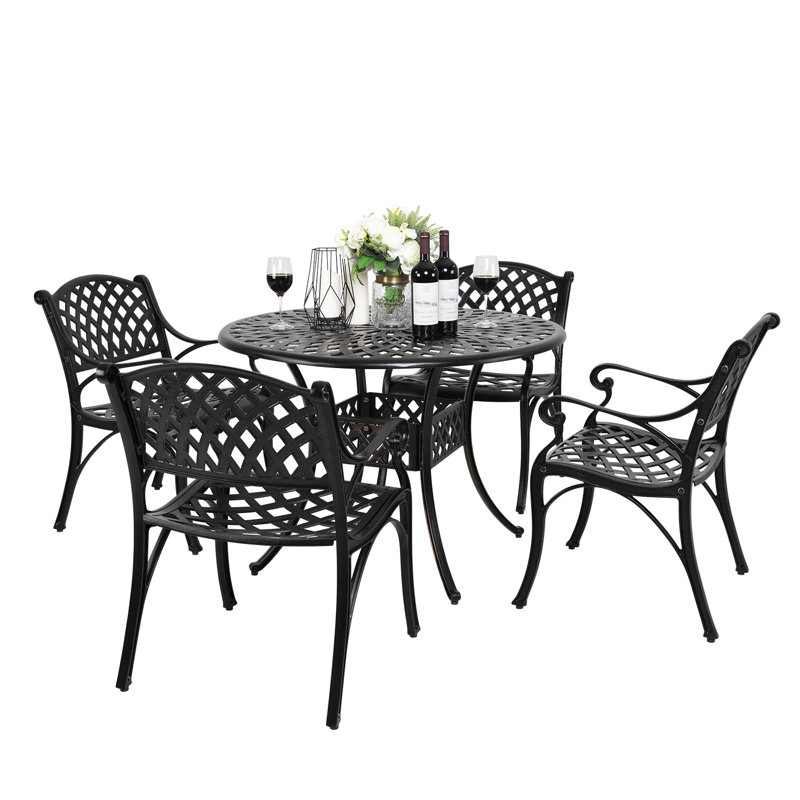 Outdoor 5-Piece Cast Aluminum Dining Set, Black with Gold-Painted Edges
