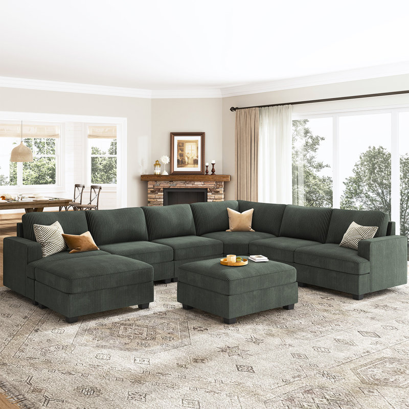 Turrella Corduroy Sectional Upholstered Modular Sectional Sofa with Storage Ottoman, Green Corduroy