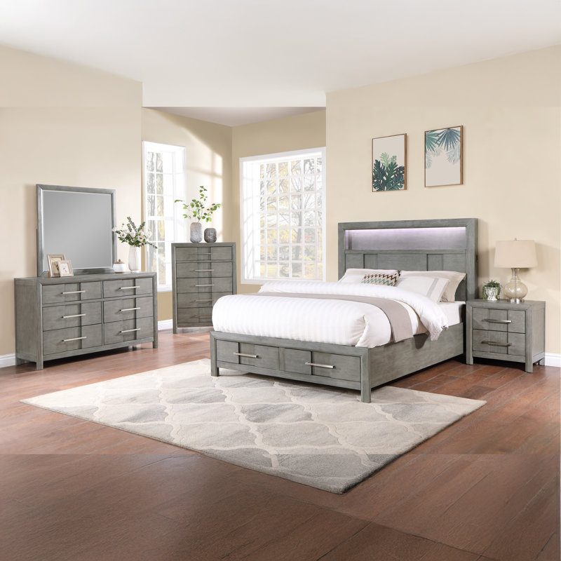 Ensemble de chambre à coucher Adryan, Lit double, Gris, 5 Pcs: Bed, 2 Dressers, Mirror, Nightstand