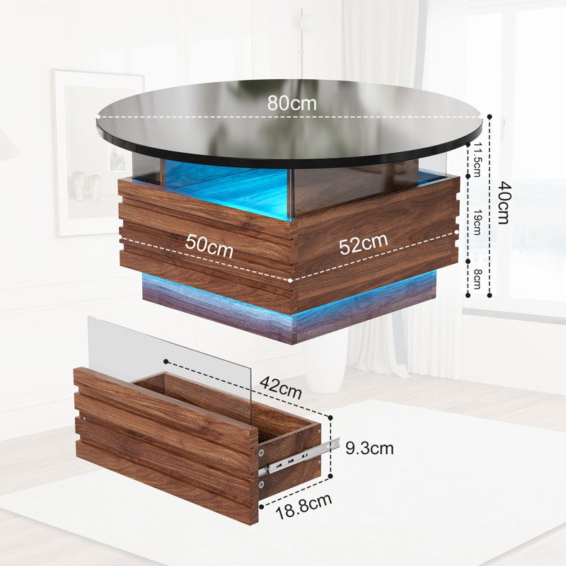 Round Coffee Table with LED Lights & 2 Drawers, Modern Center Table with Tempered Glass, for Living Room, 80 x 80 x 40 cm
