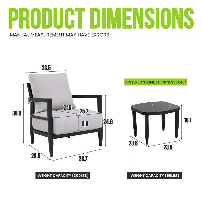 Ensemble de conversation extérieur en aluminium entièrement soudé avec table en pierre frittée et coussins Sunbrella
