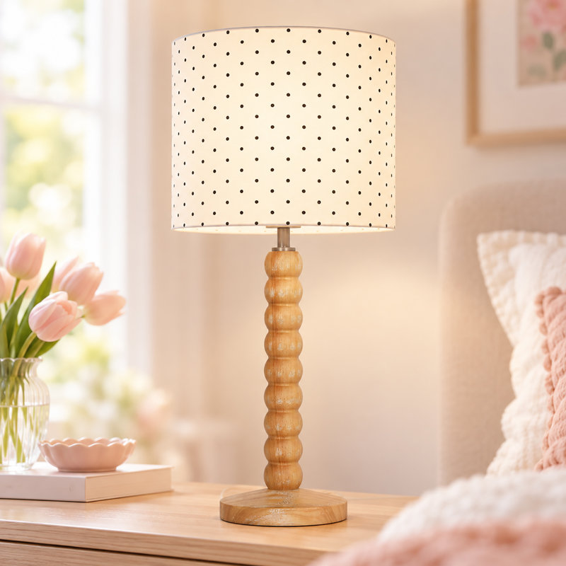 Lampe de table de ferme 1 lumière avec abat-jour en tissu à pois pour chevet