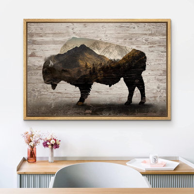 Signe, reproduction d'art sur toile encadrée, double exposition, Buffalo, montagne, forêt, animaux, faune, art numérique, réalisme, décor rustique, détente / calme pour le salon, la chambre à coucher, le bureau