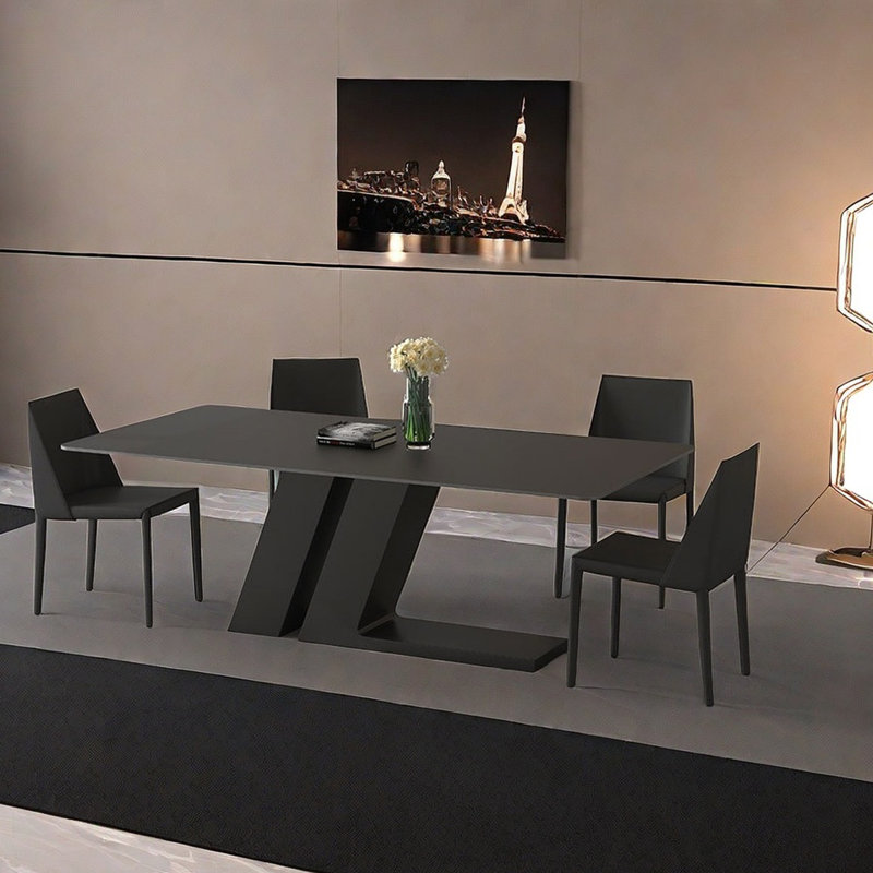 Table de salle à manger moderne en ardoise noire avec base en acier, H 29,5 po x L 78,7 po x l 35,4 po