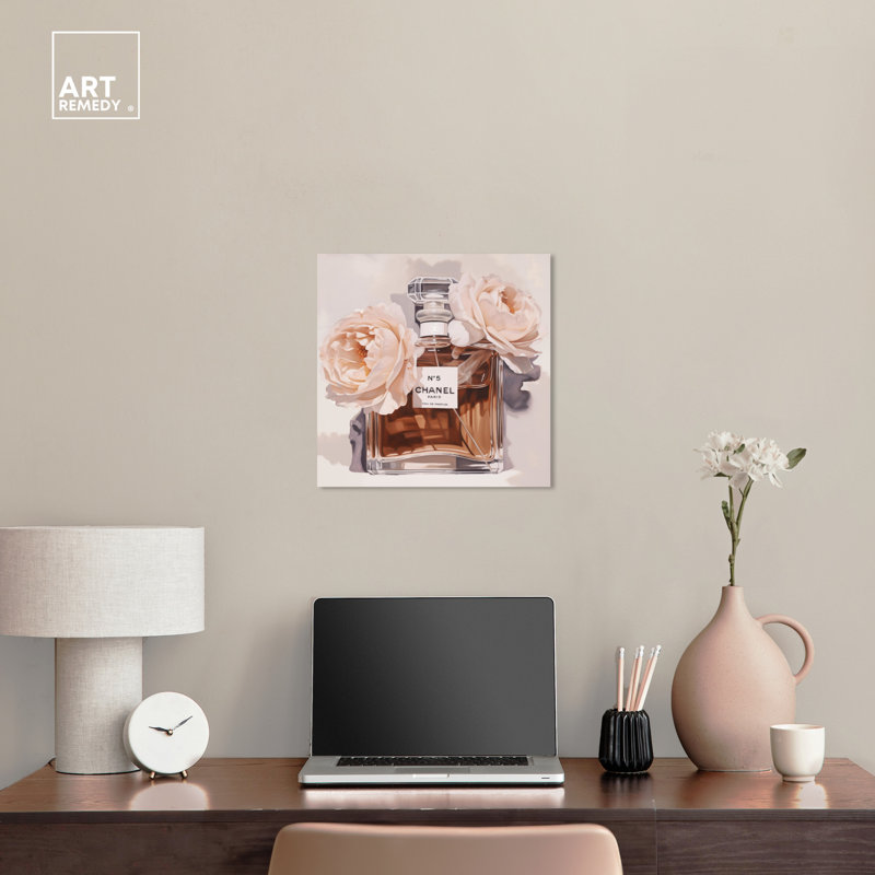 12" x 12" Beige and Brown Canvas Floral Perfume Art