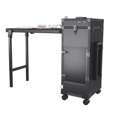 Portable Nail Art Table w/ LED Mirror, Bluetooth, Lockable Drawers, Telescopic Pole - Folding Manicure Station for Salons