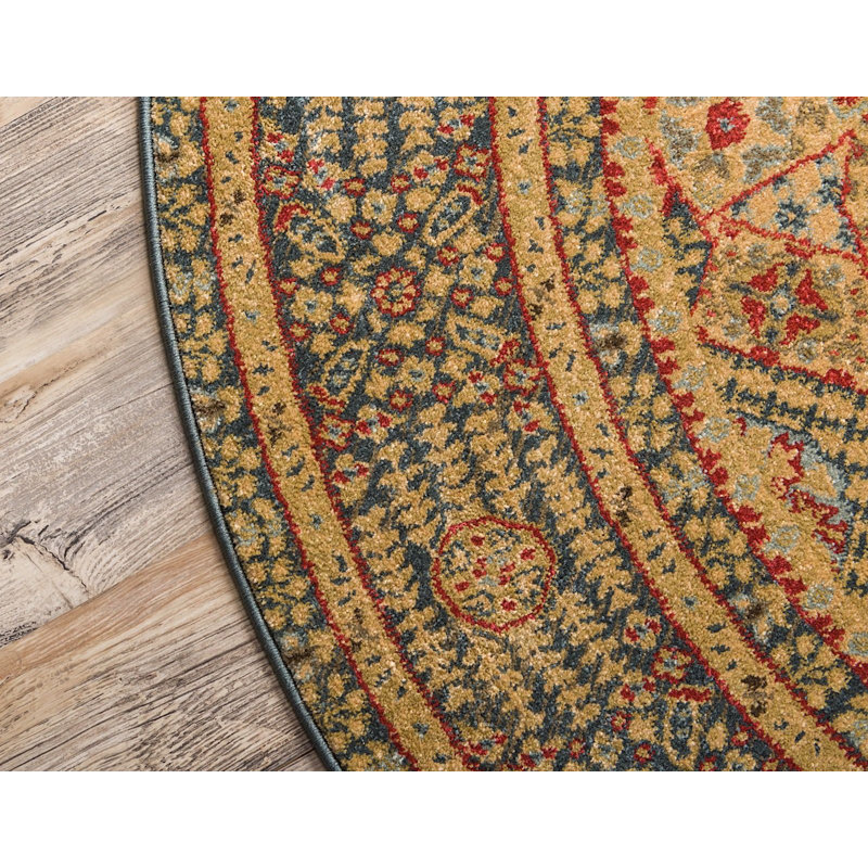 Tapis oriental jaune / bleu Palazzo, Rond 8 pi