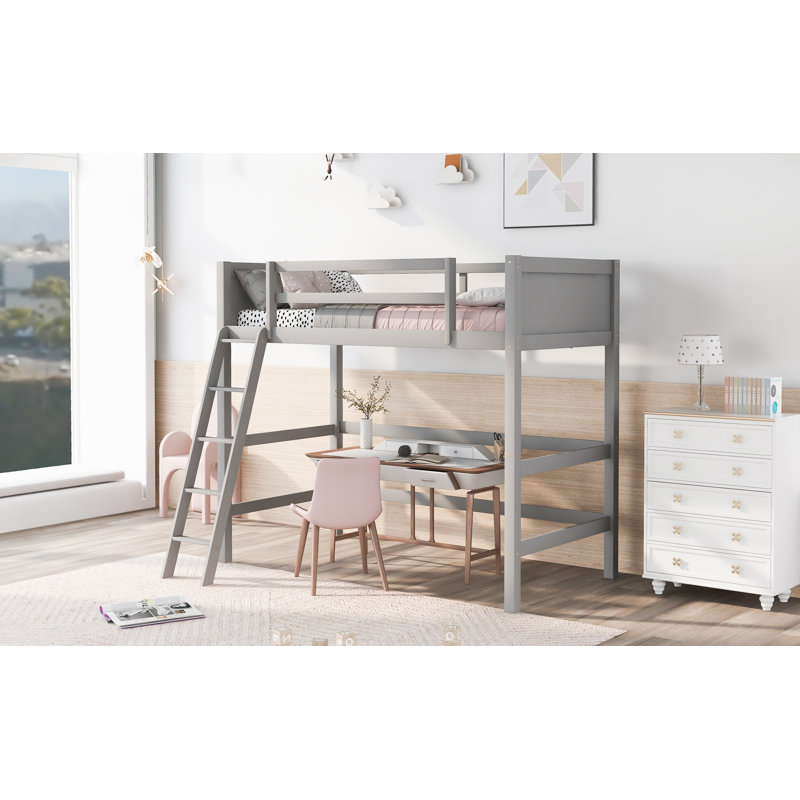 Lit mezzanine simple en bois massif avec échelle, Gris