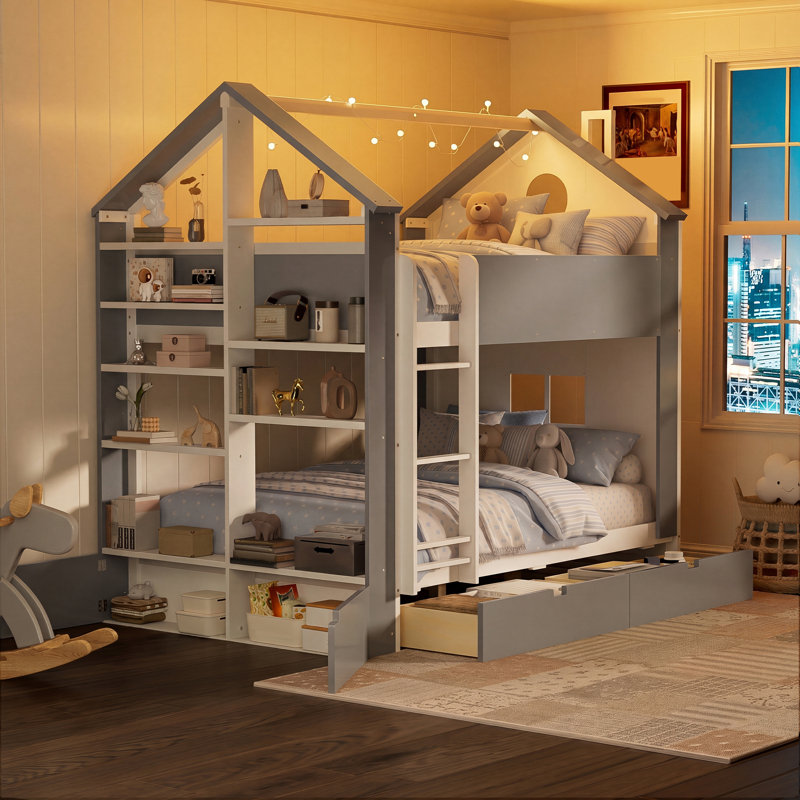 Lit superposé double avec tiroirs et tablettes de rangement, lit superposé en bois avec bande lumineuse, blanc et gris