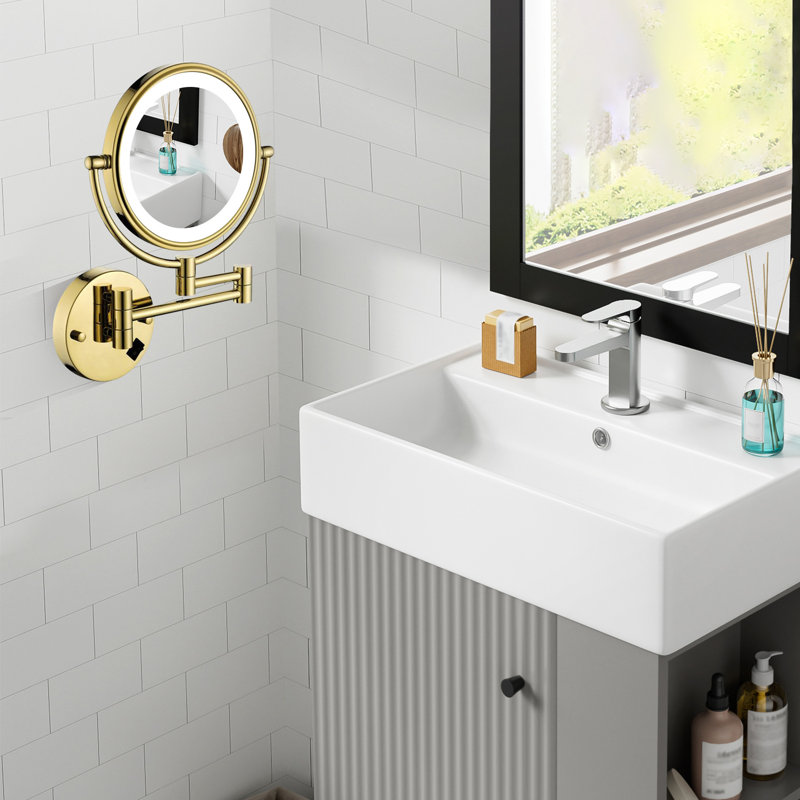 8" Dual-sided Wall Mounted Lighted Makeup Mirror, 1x/3x Magnification, Hardwired Connection, Brushed Gold