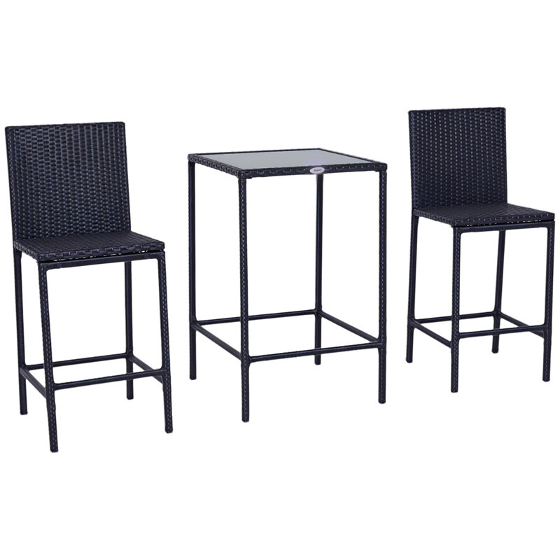 Ensemble de bar en rotin avec plateau en verre, tabourets de bar pour l'extérieur
