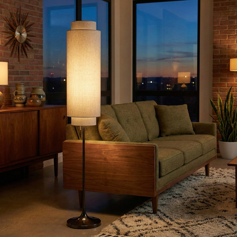 Lollipop Floor Lamp - Black Nickel,  Linen Double Shade, On/Off Pull Chain, Cashmere Gray