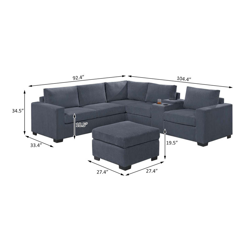 4-Piece Sectional Set W/ Ottoman, Dark Gray Fabric