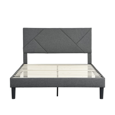 Queen Size Bed Upholstered With Headboard - Mattress Foundation Strong Wood Slat Support Gray No Box Spring Easy Assembly Plan Platform & Needed Simple