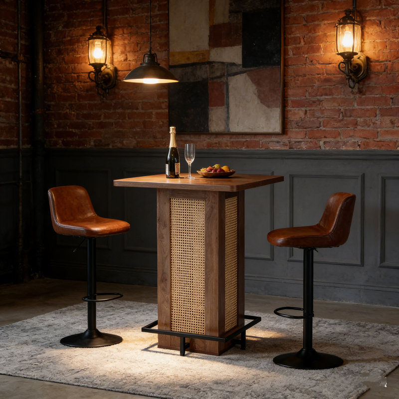 Table carrée en rotin d'une hauteur de 31,5 po, table de pub compacte avec repose-pieds industriel en métal pour petite cuisine et coin-repas