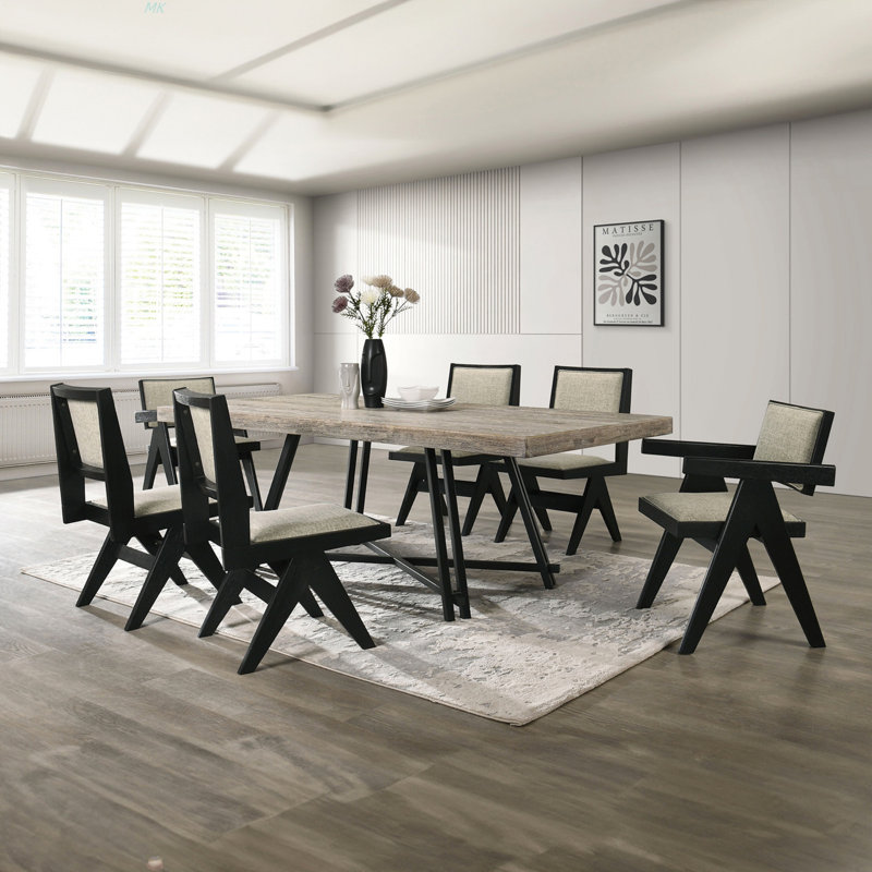 Ensemble de salle à manger contemporain 7 pièces en bois d'hévéa noir avec 2 fauteuils et 4 chaises