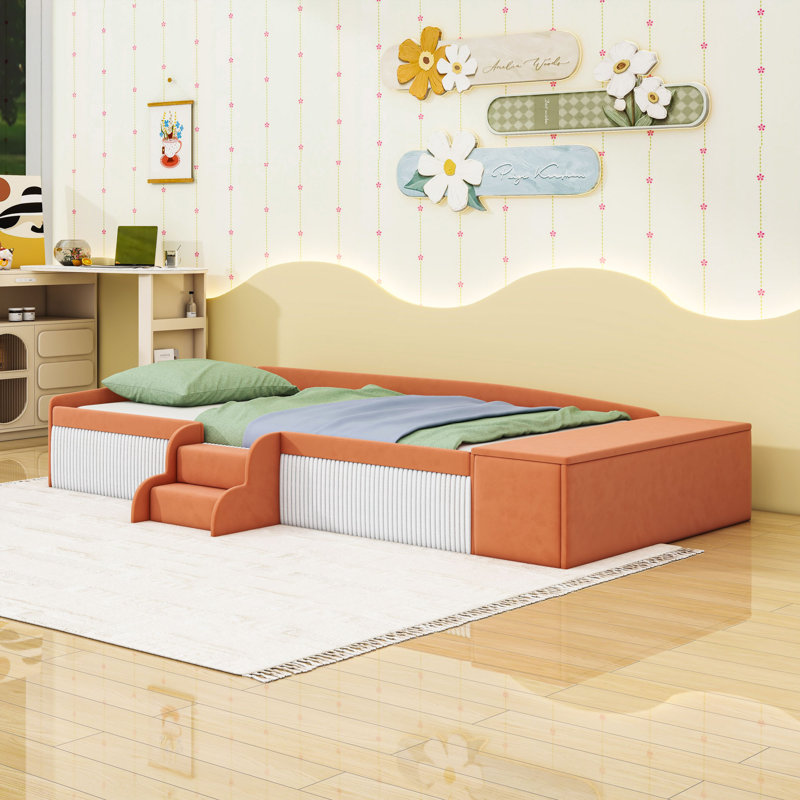 Lit rembourré pour enfant avec rangement et garde-corps, Lit simple, Brun / Blanc