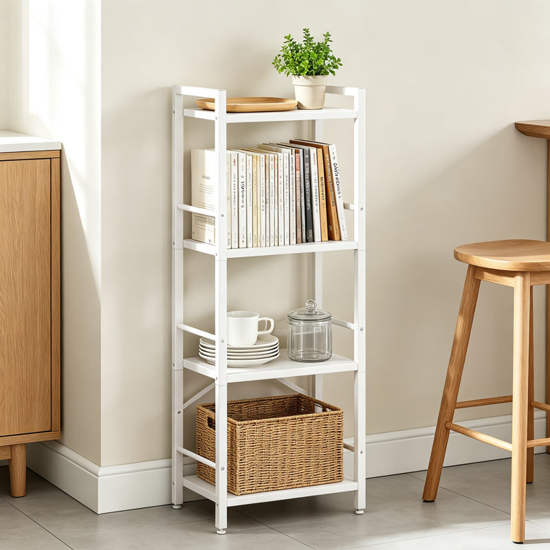 Bibliothèque avec rails latéraux, bibliothèque à 4 niveaux pour petits espaces, structure en métal robuste et tablettes en bois, rangement étroit pour le salon, la chambre à coucher, le bureau