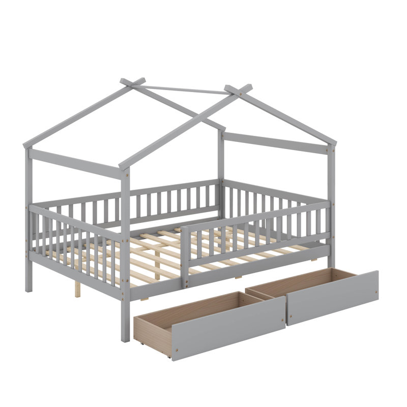 Full Size Wooden House Bed With Drawers, Gris