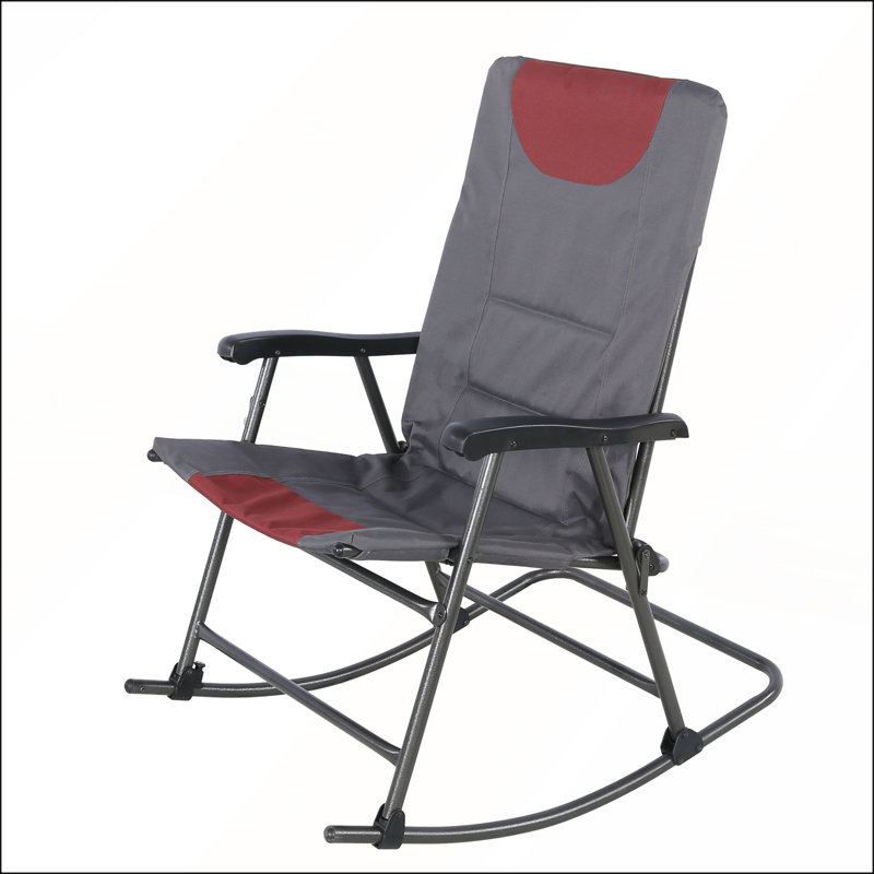 Très grande chaise de camping à bascule pliante avec accoudoirs rigides et sac de transport pour le repos extérieur, Gray/Red