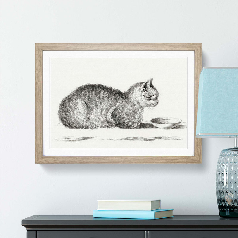 Cat by a Bowl by Jean Bernard - Picture Frame Drawing Print, 27cm H x 36cm W x 2cm D, Oak Framed