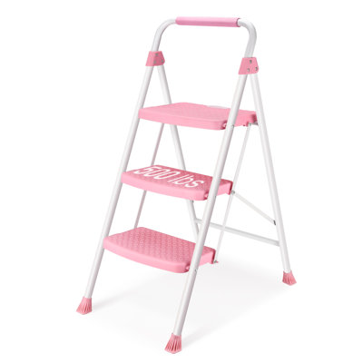 3 Step Ladder, Folding Step Stool for Adults with Wide Anti-Slip Pedal, 500 LBS Capacity, Lightweight, Portable Steel Step Stool with Convenient Handrail