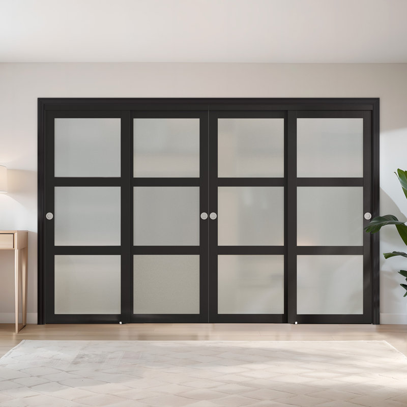 144" x 80" Frosted Glass Bypass Sliding Closet Doors With Installation Hardware Kit, 144" x 80", 4, Black