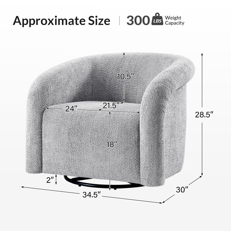 Casanova 34.5" W Modern Boucle Fabric Swivel Accent Barrel Chair, Gray