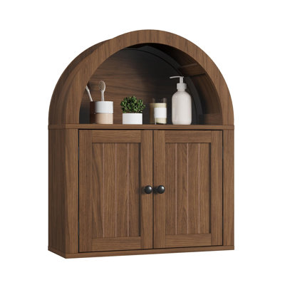Arched Double‑Door Wooden Wall Cabinet, Over‑Toilet Bathroom Medicine Cabinet with Shelves