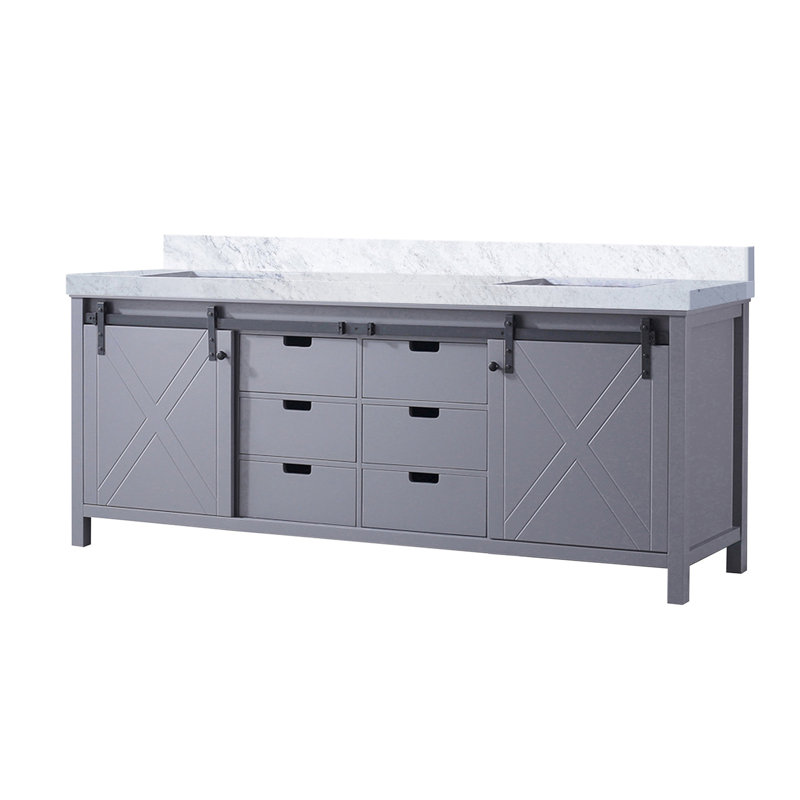 Meuble-lavabo double gris foncé l 84 po x P 22 po. Cadre en bois massif. Fermeture en douceur. Deux armoires, six tiroirs et une tablette ouverte. Grattage. Pré-percé pour 8 po Robinet réparti 84 avec