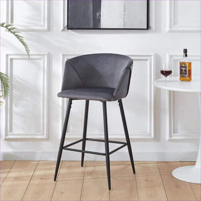 For Kitchen Islands & Home Pubs, Velvet Counter Height Bar Stool Set of 2 with Black Metal Legs, Classic Gray