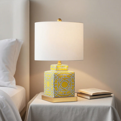 22 Inch Modern Transitional Led Table Lamp With Ceramic Metal Base And Cotton Shade For Bedroom Living Room Office