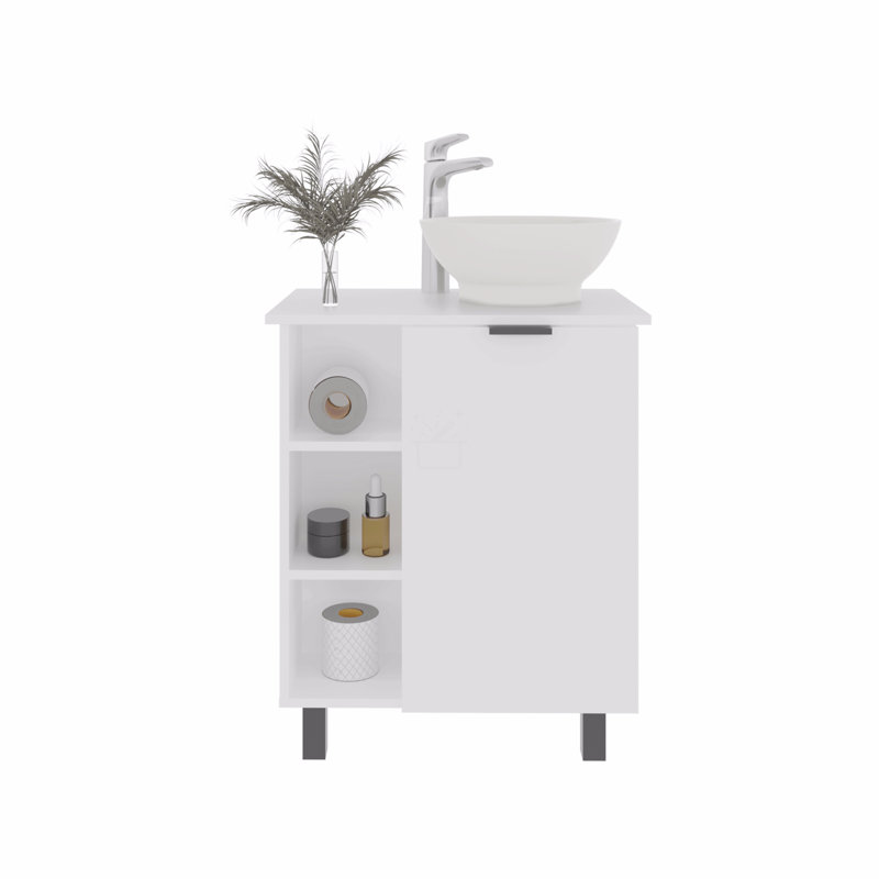 Évier de meuble-lavabo avec lavabo, 1 porte, 4 pieds, 5 tablettes, Blanc