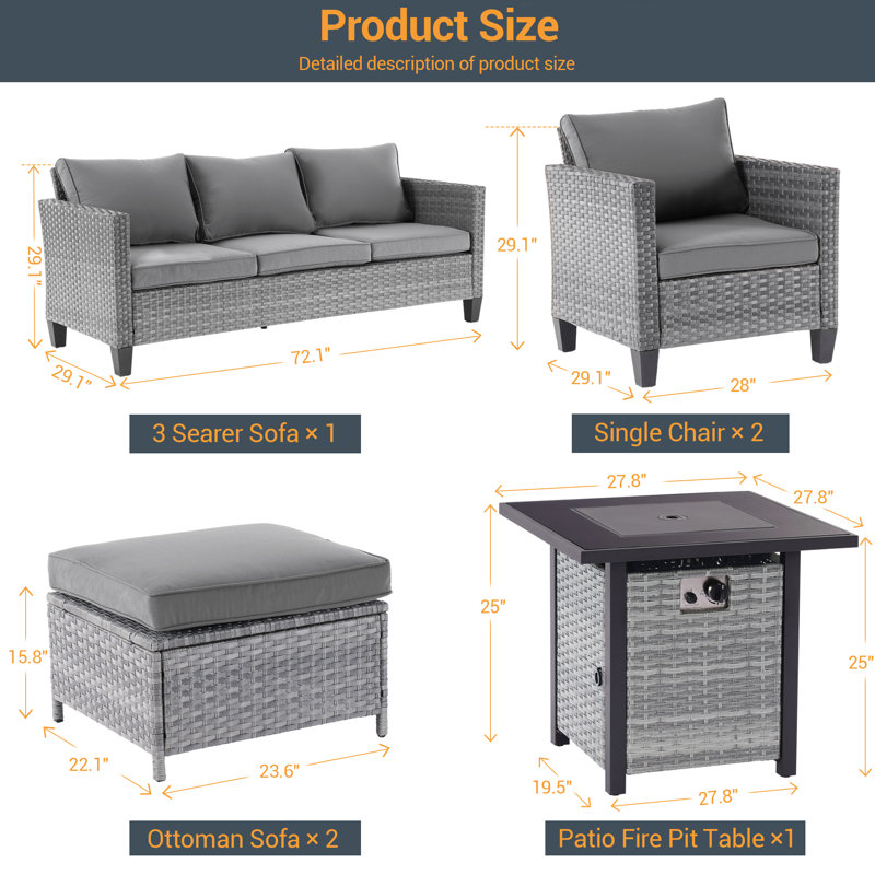 6 Piece Patio Sofa with Square Fire Pit Table and Ottomans, Gray, Gray