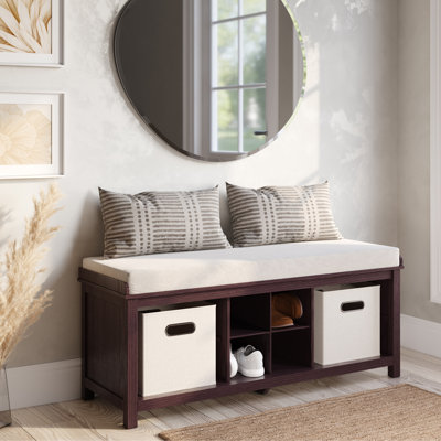 Banc d'entrée en bois massif avec diviseur de chaussures et 2 bacs John Louis Home