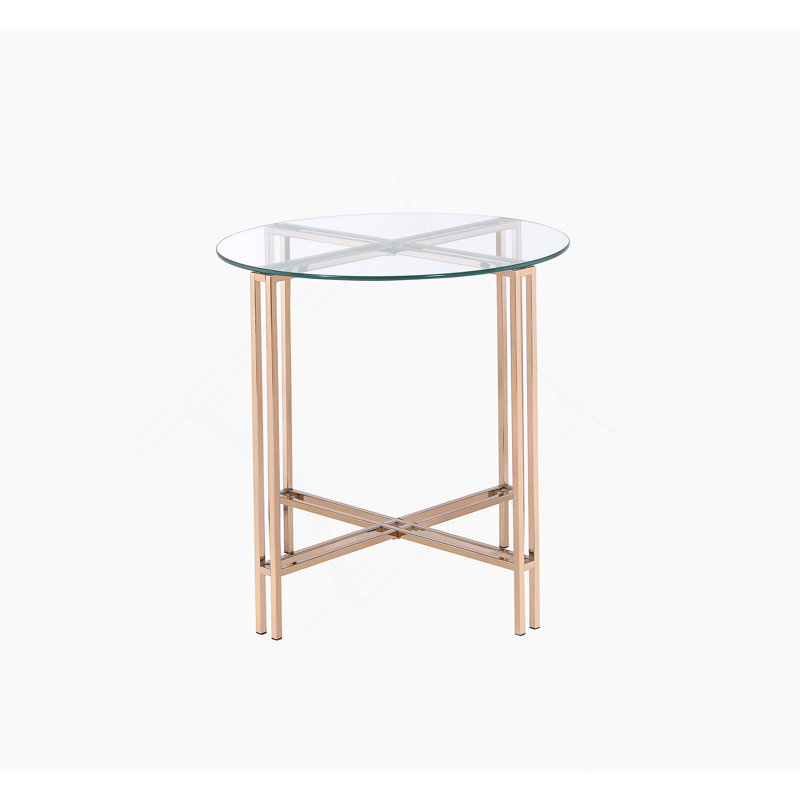 Table de bout avec plateau en verre transparent et finition champagne