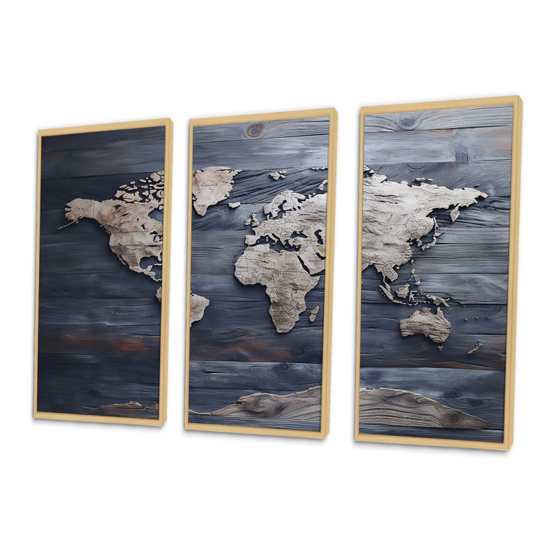 Rustic Route World Map I - Ensemble de décoration murale carte du monde, H 28 po x l 36 po x P 1 po, Cadre flottant en érable