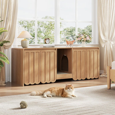 Enceinte de litière pour 2 chats, litière cachée de 57,9 po avec bloc-notes, litière cannelée moderne pour chat avec chambres doubles