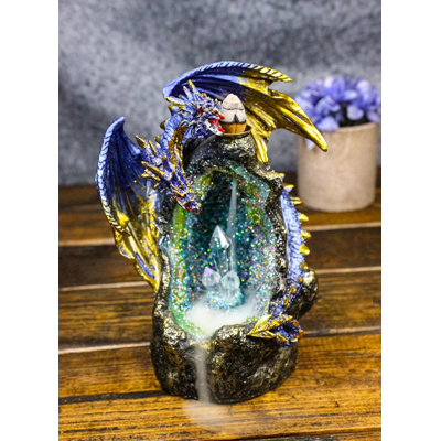 Blue Dragon On Faux Geode Crystal Mountain LED Backflow Incense Burner Figurine