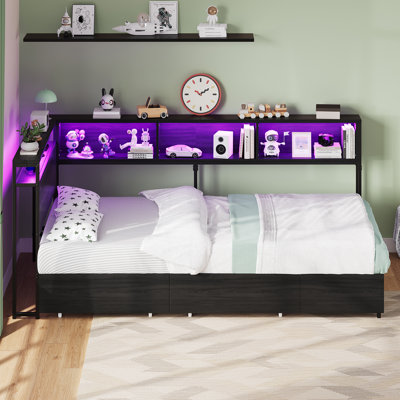 Twin Corner Bed Frame With 3 Storage Drawers, RGB LED Bookcase Headboard With Charging Station, Twin Size Metal Platform Corner Bed Frame, No Box Spring Needed